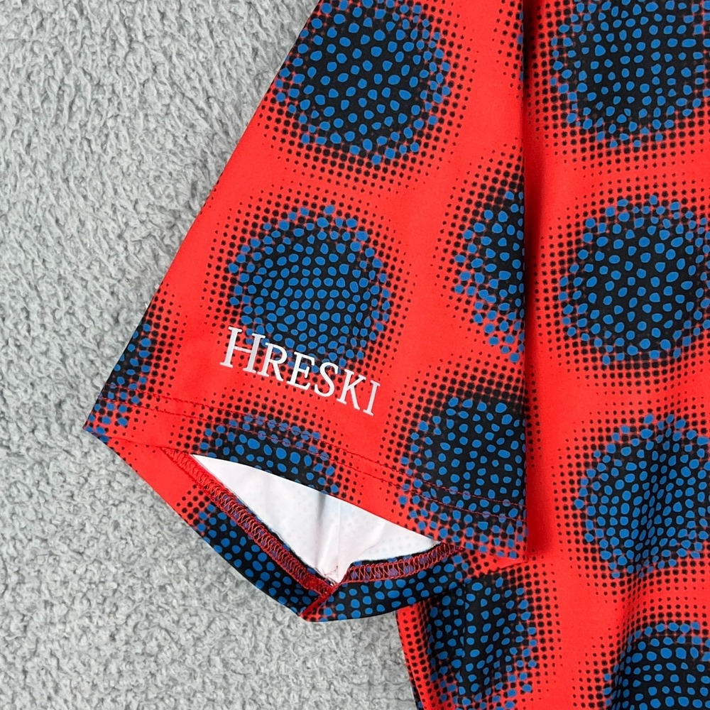 Hreski Polo Shirt Mens Large Red Blue Sphere Balls Abstract Golf Performance - Picture 3 of 11